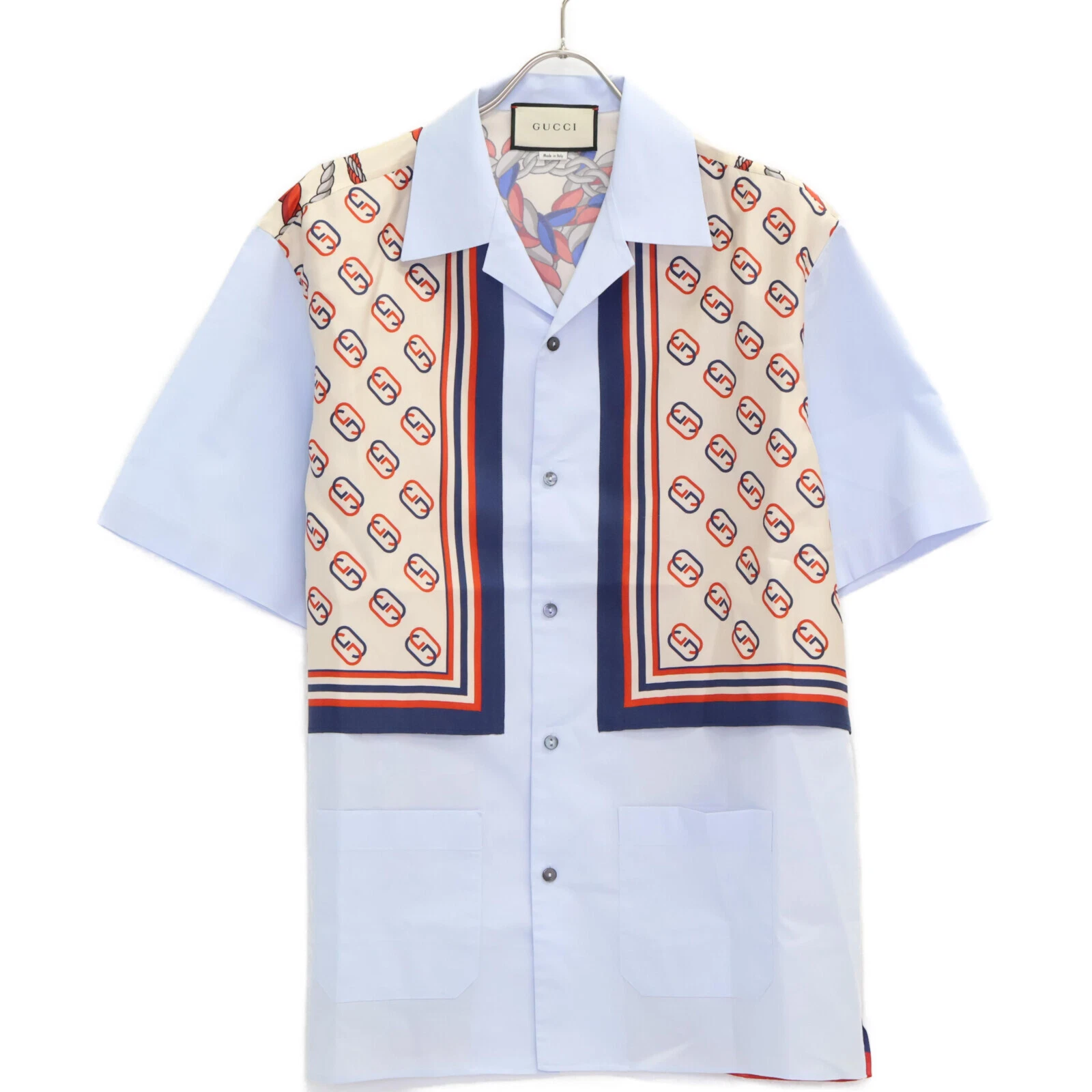 GUCCI 19Écharpe Chemise à Col Ouvert Acier Inoxydable 575296 48 Bleu Clair Be...