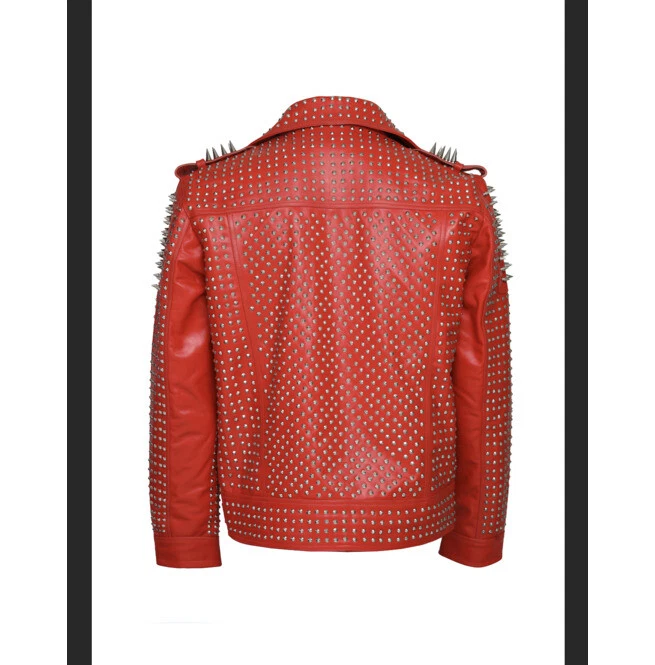 Hand Studded Red Spiked Leather Jacket for Men, Rivet Punk Studded Jacket - Image 2 of 4