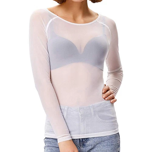Womens Mesh Sheer See-Through Long Sleeve Summer Crop Tops T-Shirt Blouse Tee - Picture 15 of 23