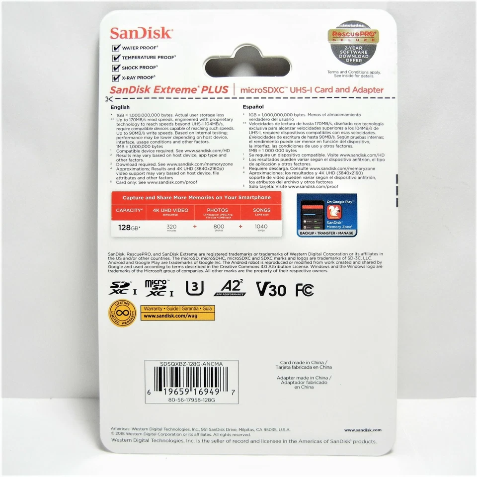 128GB SanDisk Extreme PLUS Micro SD Memory 4K UHD 170MB/s, SDXC UHS-I U3 A2 V30 - Image 2 of 4