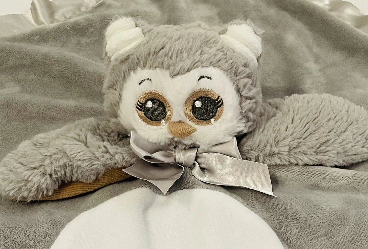 Bearington Baby Lovey Owl Gray White Security Blanket Satin Velour