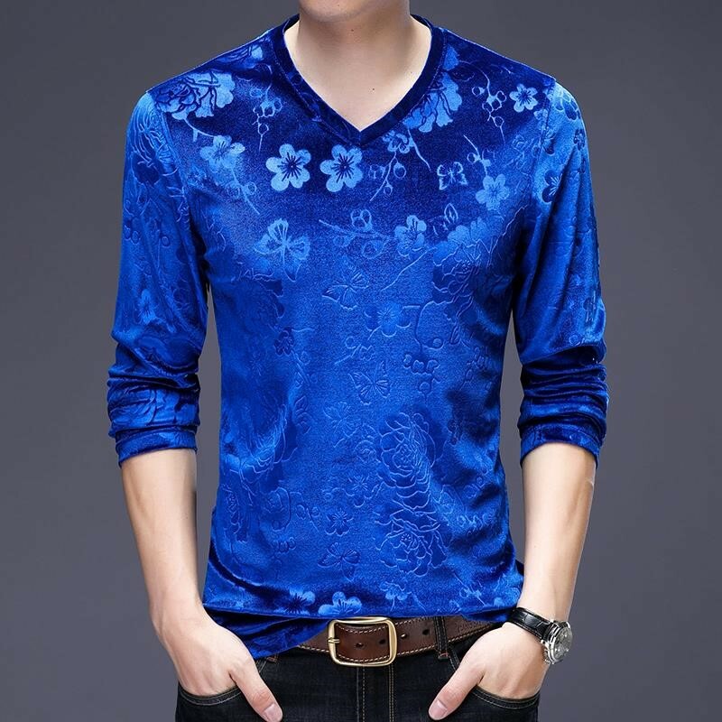 Men Jacquard Floral Velvet Long Sleeve T Shirt Retro Casual