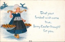 Antique Postcard Easter Your Fondest Wish Dutch Girl WindMill FA Owen Co 1915