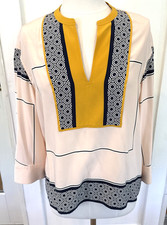 Tory Burch 100% Silk Geometric V-Neck Tunic Blouse Contrast Trim 3/4 Sz M