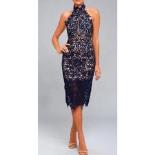 Lulus Divine Destiny Halter High Neck Lined Lace Midi Dress Navy Blue Medium