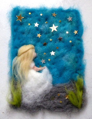  WOLLBILD STERNTALER KLEID STERNE GOLD DEKORATION GESCHENK BILD SILBER BLAU NEU 