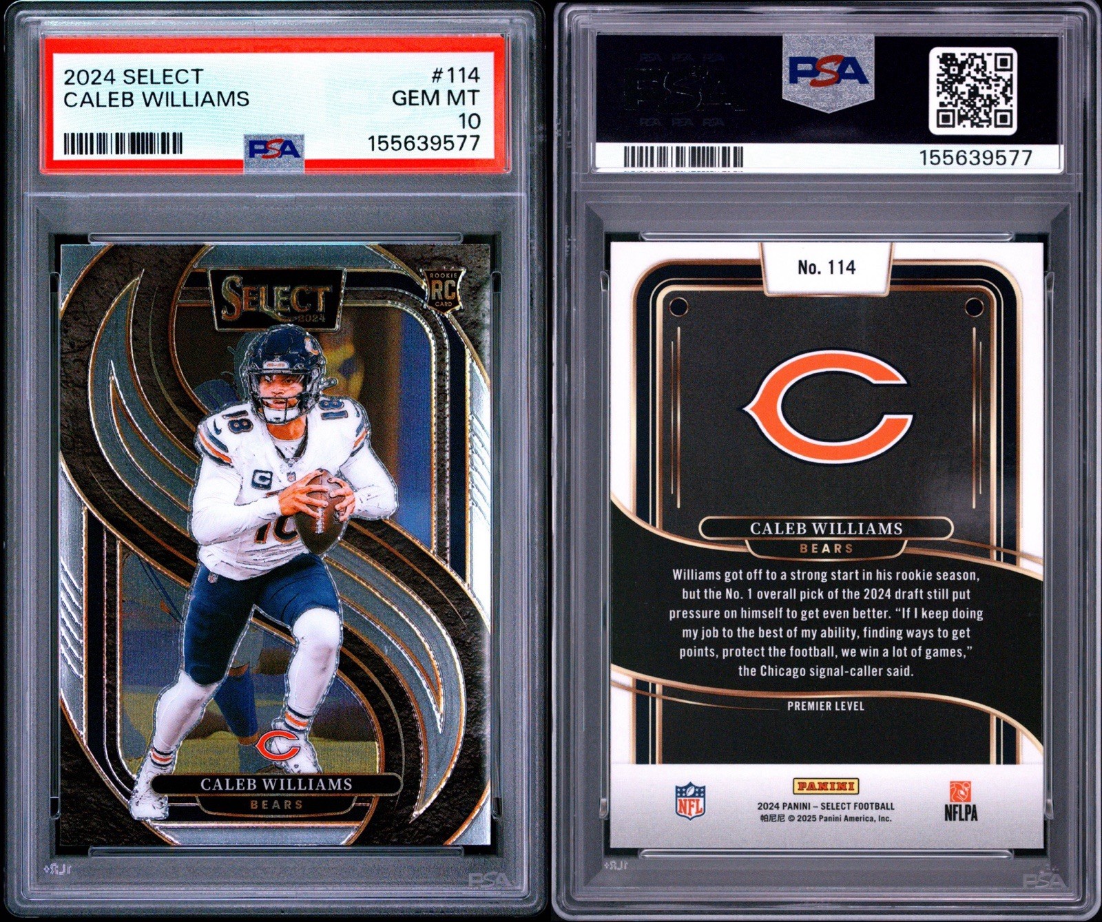 2024 Panini Select Premier Level Caleb Williams Rookie Card #114 PSA 10 view 3