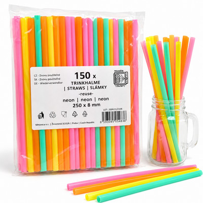 150 Jumbo Mehrweg Trinkhalme Strohhalme 8x255mm Neon Bunt spülmaschinengeeignet