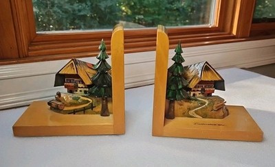 Vtg MCM German Chalet, Black Forest Hand Carved Wooden Bookends,...
