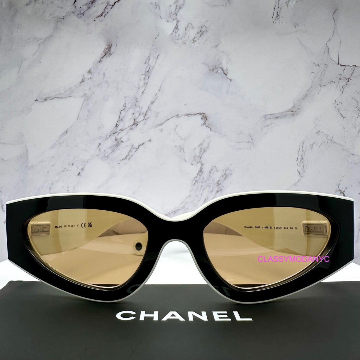 New CHANEL Sunglasses Black White Cat Eye CC Logo Authentic