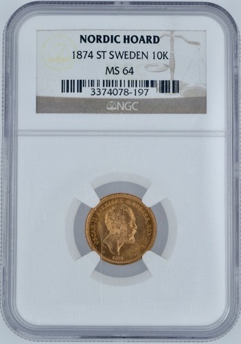 1874-ST Sweden 10 Kronor Gold NGC MS64
