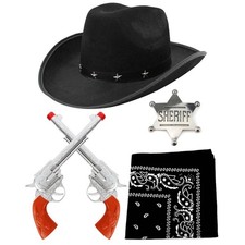 Wild West Sheriff Fancy Dress Set Black Cowboy Hat, Toy Pistols, Badge & Bandana