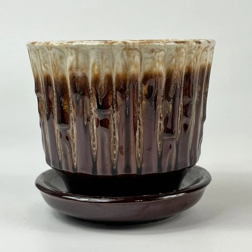 70s McCoy Bamboo Planter Flower Pot Exotic Brown Blended Attached Saucer Frosty
