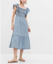 GAP Smocked Flutter Sleeve Denim Midi Dress Washwell Peasant Bohemian Sz L