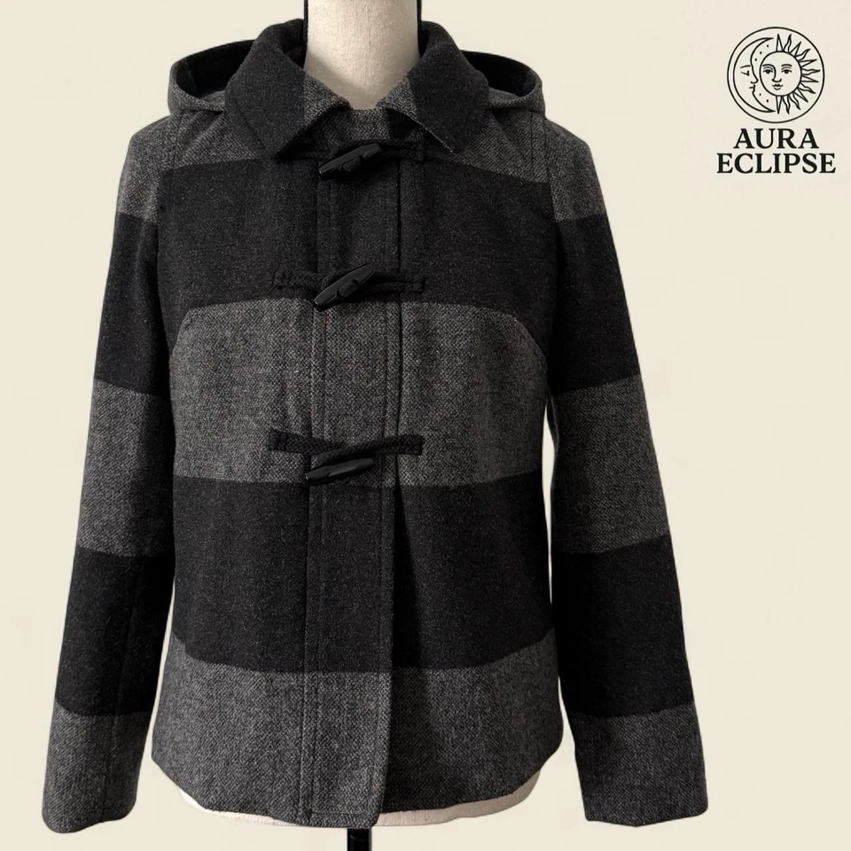 Abrigo de Guisante de Lana a Rayas Negro y Gris con Cremallera y Capucha, Azul Marino Antiguo, XS Foto 2 de 4