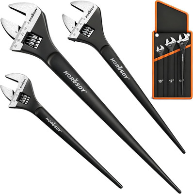 3-Piece Adjustable Spud Wrench Set, 10'', 12'', 16'', CR-V Steel, SAE & Metric Scal