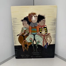 3 Kids Riding Bicycle Roybal Style Vintage Glazed Enamel Art Tile 14”x11”