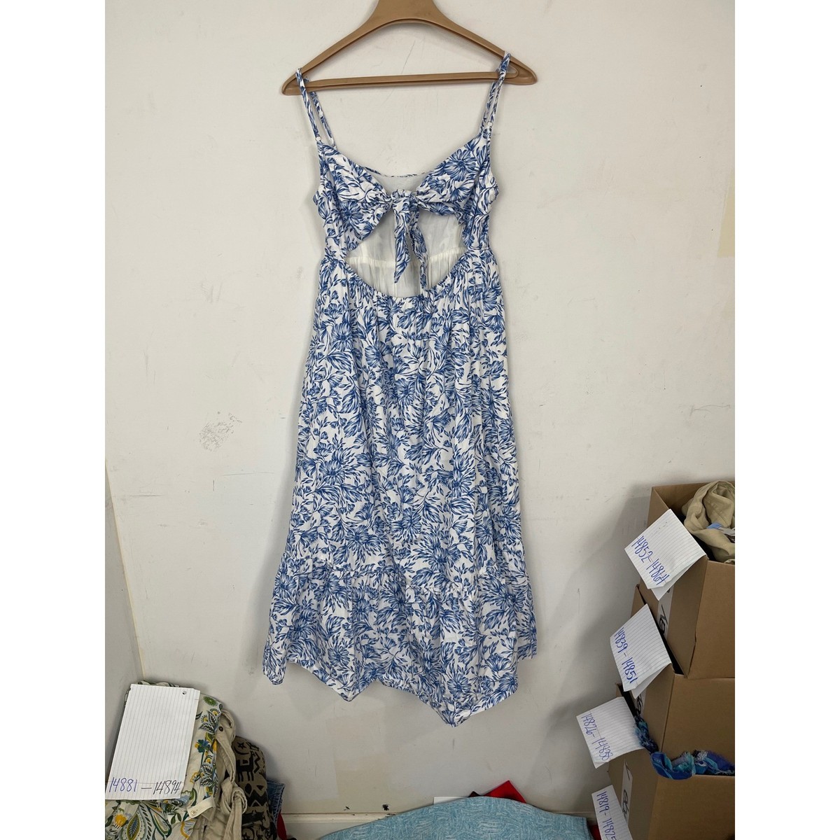 Olivaceous Blue White Floral Cut Out Tie Back Tiered Midi Dress