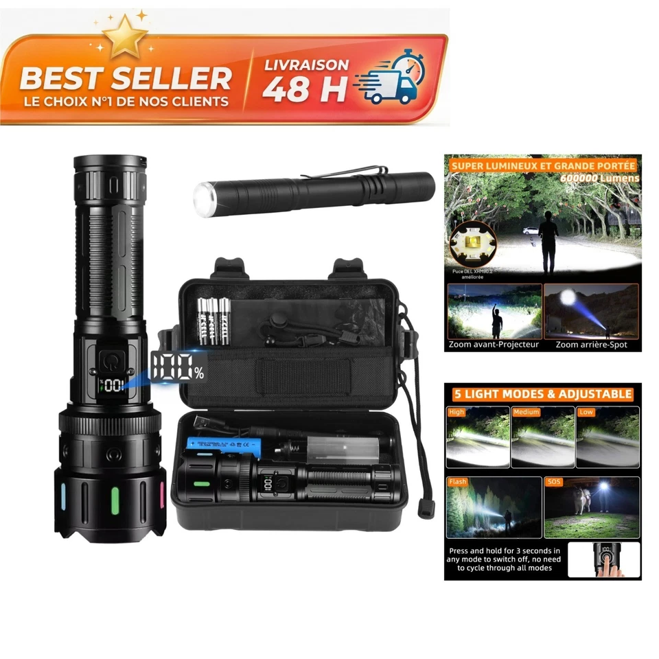 Lampe torche LED rechargeable 5 modes zoom IP67 5000 mAh Azyvum - Photo 1/4