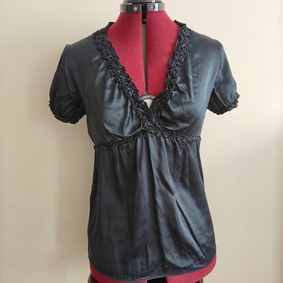 BCBGMAXAZRIA Small Silk Blouse Babydoll Empire Black Short Sleeve Ruffle Deep V