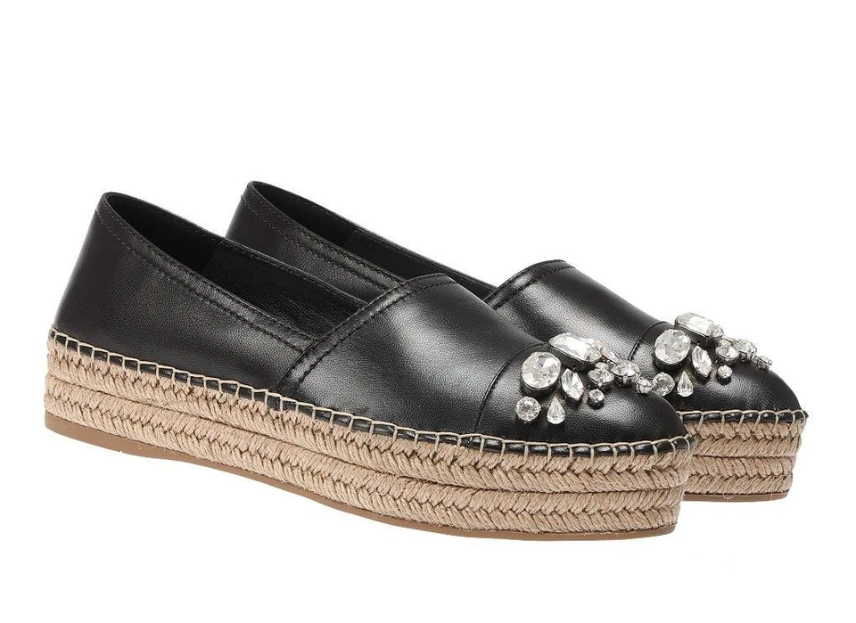 НОВЫЙ MIU MIU НА PRADA ЧЕРНЫЙ КРИСТАЛЛЫ НОСОК ESPADRILLES НА ТАНКЕТКЕ ТУФЛИ 41/США 11 - Изображение 3 из 4