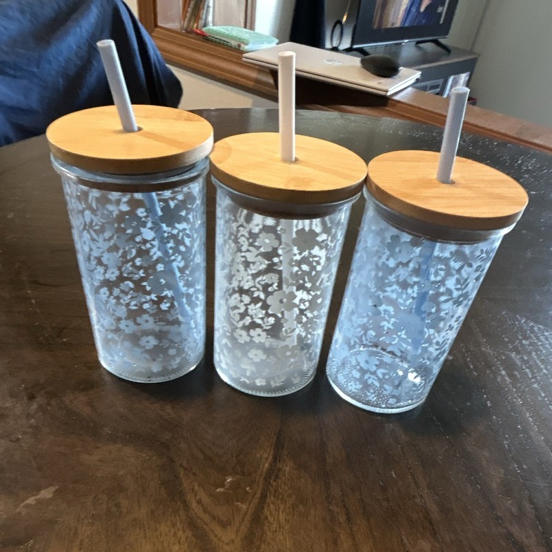 3pc Clear Floral Glass Tumblers Set w/ Bamboo Lids & Straws 11-20 oz