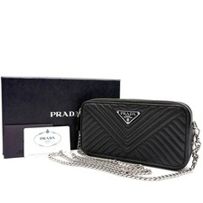 PRADA  Chain Shoulder Bag V Stitch Black Triangle Logo Silver Hardware Used