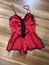 VTG Victoria  s Secret Gold Label Red Satin Romper with Black Lace 90s Lingerie