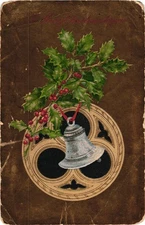 Vintage Christmas Postcard Holly Bell Embossed Holiday Posted