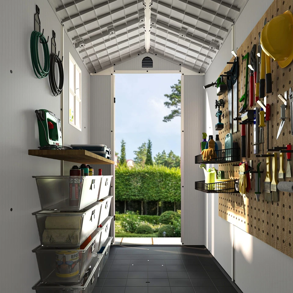 Cobertizo de almacenamiento de plástico exterior 6x4 para herramientas de muebles de patio con piso, blanco Foto 4 de 4