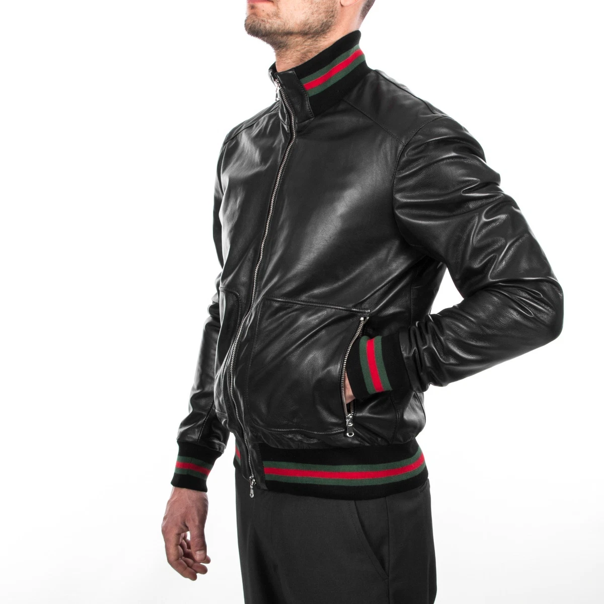 ITALIAN HANDMADE MEN SOFT LAMBSKIN LEATHER SLIM FIT BOMBER JACKET