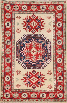 Ivory Wool Hand-knotted Super Kazak Geometric Oriental Accent Rug Carpet 3'x4'