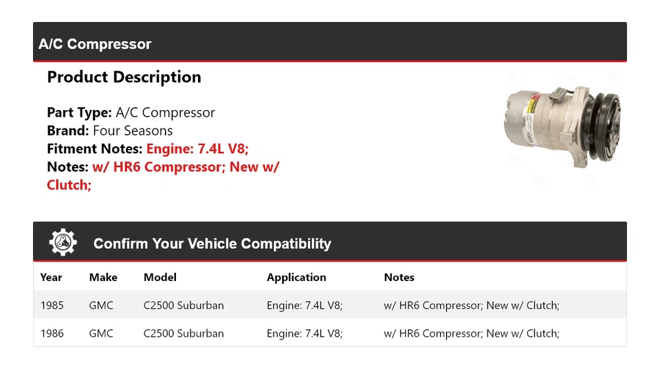 For 1985-1986 GMC C2500 Suburban 7.4L V8 A/C Compressor 4 Seasons - Image 2 of 4