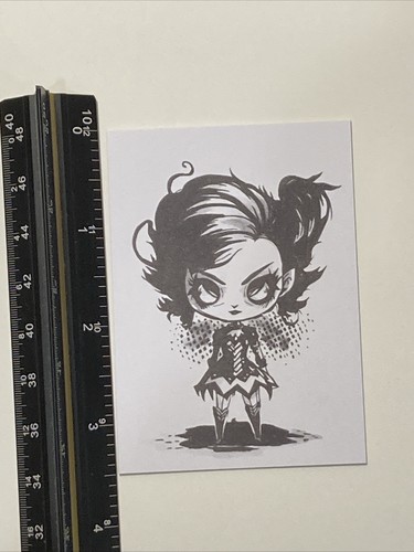 ACEO Print Creepy Chibi Goth Girl black and white anime cartoon horror harlequin - Picture 2 of 3