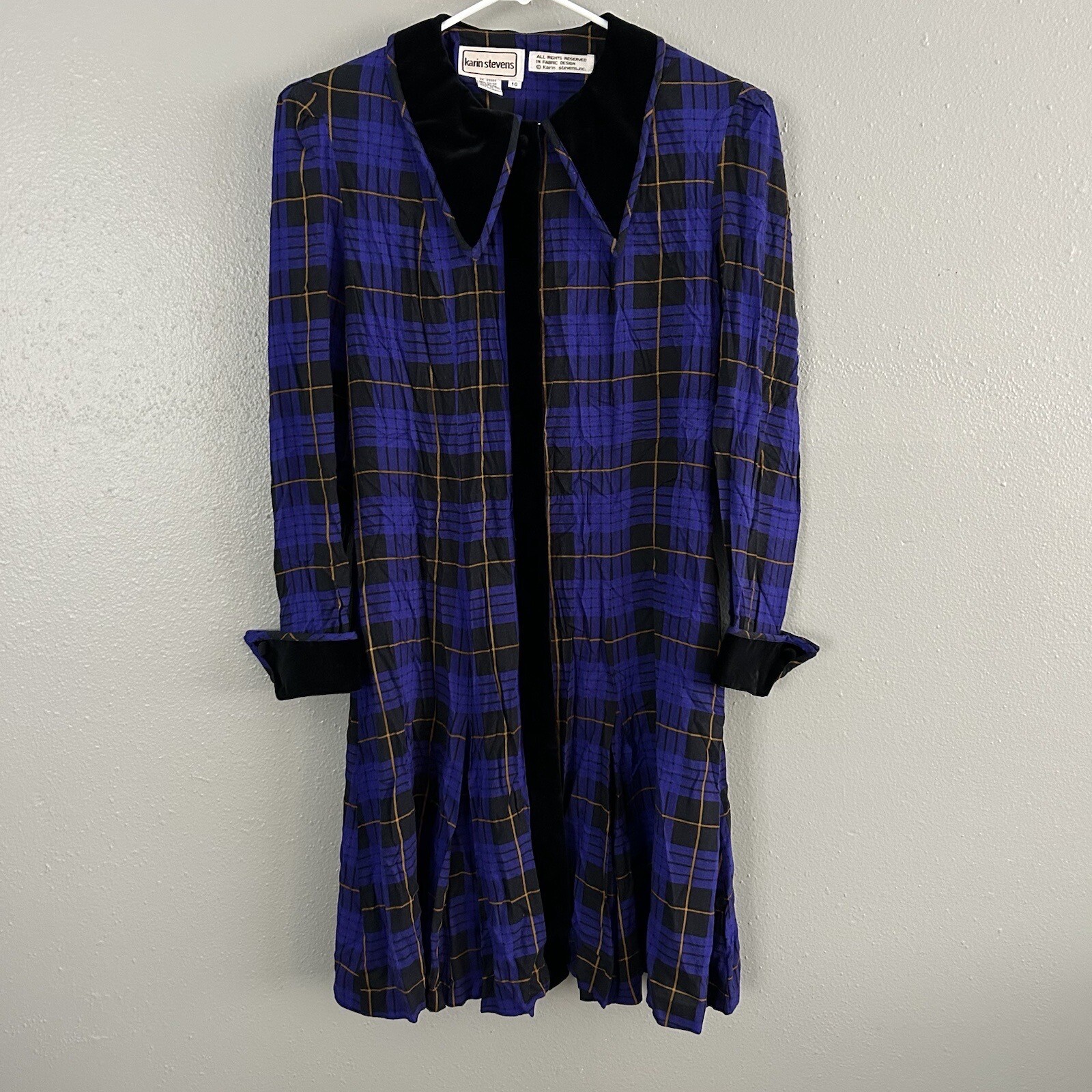 Vintage Karin Stevens Purple Black Plaid Mini Dress Size 10 Velvet Collar Cuffs