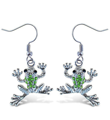 Aqua79 Silver and Green Frog Dangle Earrings for Women and Teens - 1.5 Inches