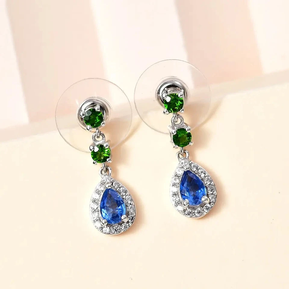 Pendientes de cianita y múltiples piedras preciosas de Cachemira en platino sobre plata de ley de 1,8 quilates Foto 2 de 4