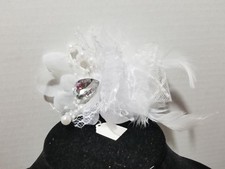 WHITE Beaded Feather Rhinestone Fascinator Hair Clip And Pin Back H3