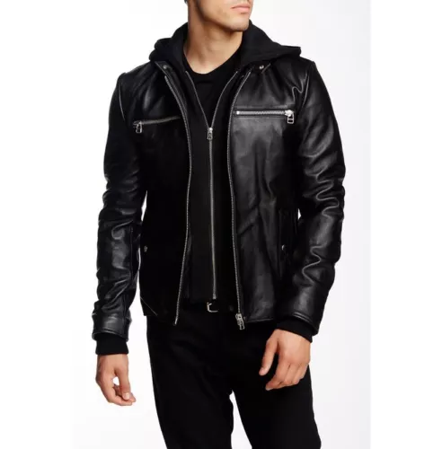 Men's Real Lambskin Leather Jacket Motorcycle Biker Jacket with Removable Hood