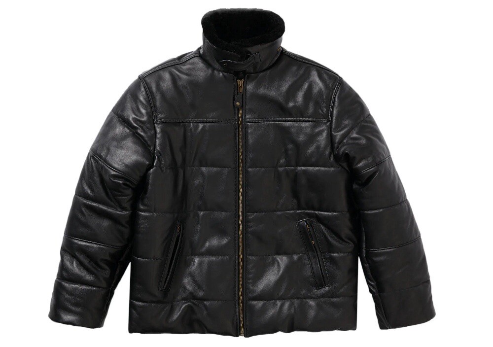 supreme schott shearling collar leather puffy jacket black supreme schott shearling collar leather puffy jacket black