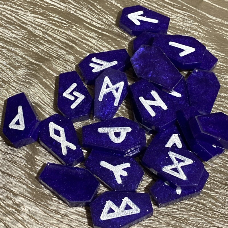 Coffin Shaped Deep Purple Shimmer Resin Rune Stones, Elder Futhark