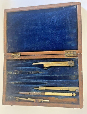 Vintage French Engineering Drafting Tools Set Wood Case 19th Century AS IS 