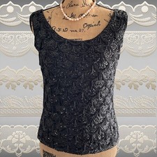 Vintage Hand Decorated Beauty Black Beaded Sequin Pure Wool Sleeveless 60s Mod