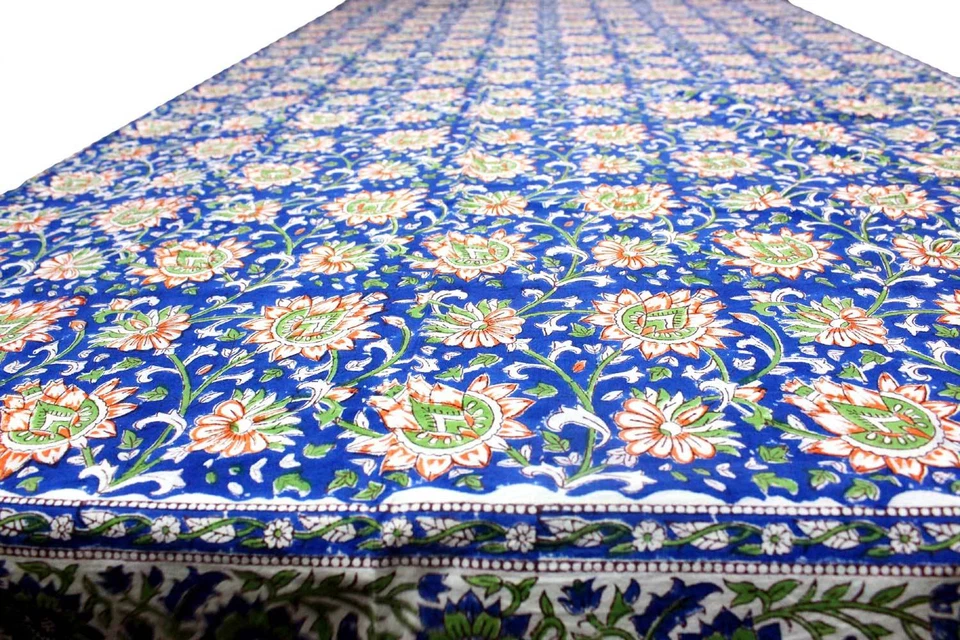 Hand Block Print Tablecloth Napkins 100%cotton Floral Rectangular 150*220cm Blue - Image 4 of 4