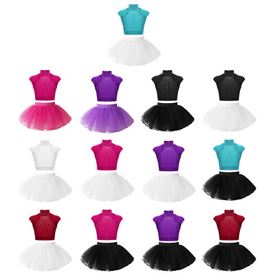 Kids Girls Ballet Athletic Set Tutu Dancewear Party Crop Top With Skirt Tulle