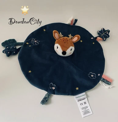 4559🌟EXCELLENT ÉTAT Doudou Plat Mouchoir Biche Faon Vert Bleu Étoile Vertbaudet - Photo 1/4