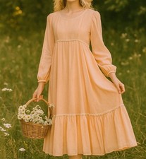 VTG Romantic Cottagecore Fairycore Boho Prairie Dress White Trim Peach Sz XS-S
