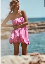 Zara Rosa Orlo a Bolla Mini Abito Ciquette Senza Spalline Gonna a Puff S