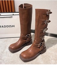 2025 New Coarse Heel Brown Women's Metal Button Leather Long Knight Riding Boots