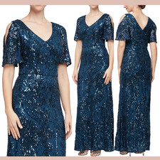 NEW 259 Alex Evenings  8P  Sequin Lace Cold Shoulder Trumpet Gown Blue Q1229